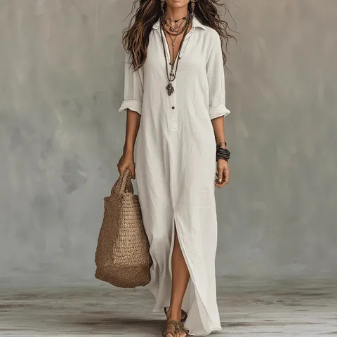 Women Casual Solid Color Lapel Front Split Long Sleeve Maxi Dress Spring Summer Elegant Daily Ladies Dress