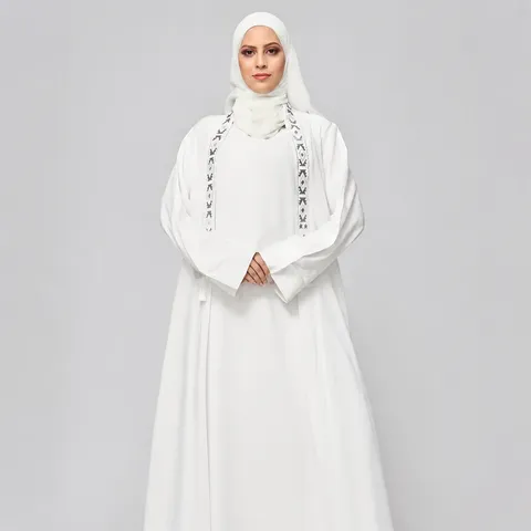 Women White Maxi Dress Long Sleeve Embroidered Outerwear And Headscarf Two Piece Set Elegant Muslim Abaya Outfit