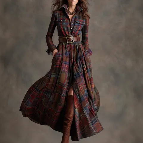 French Retro Plaid Long Sleeve Irregular Maxi Dress Women Casual Elegant Vintage Lapel Single-Breasted Long Dress
