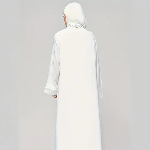Women White Maxi Dress Long Sleeve Embroidered Outerwear And Headscarf Two Piece Set Elegant Muslim Abaya Outfit