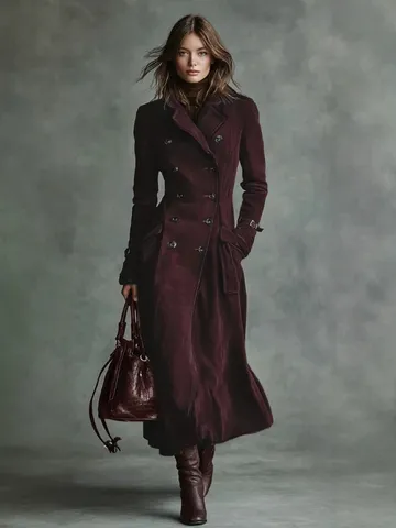 Gabardina Larga de Ante para Mujer Vintage Solapa Doble Pechera Abrigo Casual Con Cinturón Para Otoño e Invierno