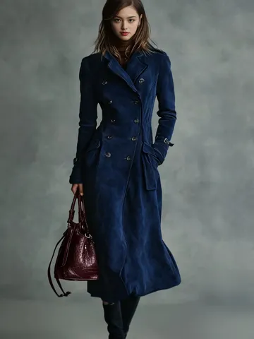 Gabardina Larga de Ante para Mujer Vintage Solapa Doble Pechera Abrigo Casual Con Cinturón Para Otoño e Invierno