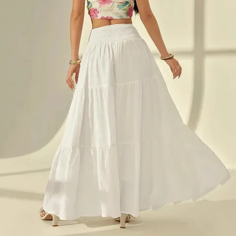 Falda Larga de Línea A Plisada en Capas de Color Sólido de Talle Alto Casual para Mujer Falda Maxi de Vacaciones Elegante