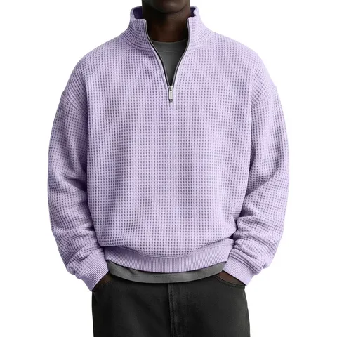 Sudadera Waffle de Manga Larga con Cuello Alto y Color Sólido Casual para Hombre Chaqueta Deportiva con Cremallera