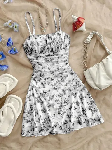 Damen Französisches Blumen Trägerkleid Slim Fit Gerafft Sexy Bodycon Minikleid Für Sommer Strand Urlaub Ärmelloses Bedrucktes Kleid