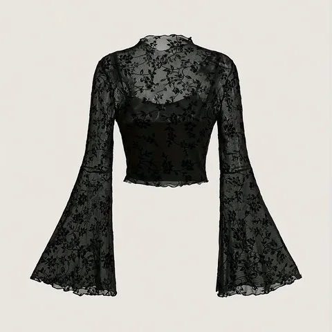 Women's Casual Long Sleeve Stand Collar Sheer Mesh Flocked Floral Print Top And Cami Layered Top For Women