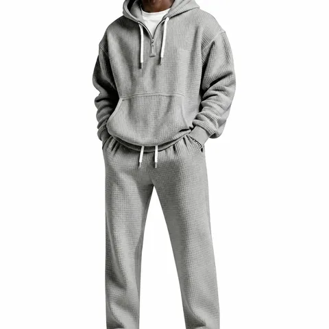 Chándal Casual de Punto Waffle para Hombre con Sudadera con Capucha Media Cremallera y Pantalones de Chándal Manga Larga