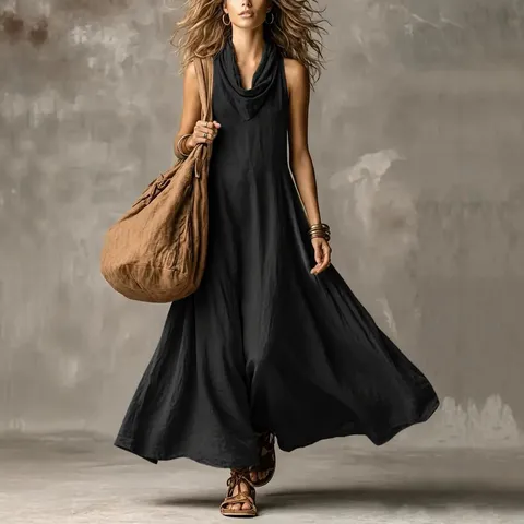 Women's Summer Casual V-Neck Sleeveless Solid Color Loose Swing Maxi Dress Polyester Resort Style Long Party Beach Dress