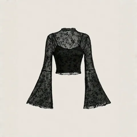 Women's Casual Long Sleeve Stand Collar Sheer Mesh Flocked Floral Print Top And Cami Layered Top For Women