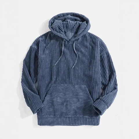 Men's Thickened Corduroy Hoodie Long Sleeve Solid Color Drop Shoulder Pullover Sweatshirt with Kangaroo Pocket Casual Winter Top