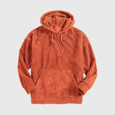 Men's Thickened Corduroy Hoodie Long Sleeve Solid Color Drop Shoulder Pullover Sweatshirt with Kangaroo Pocket Casual Winter Top