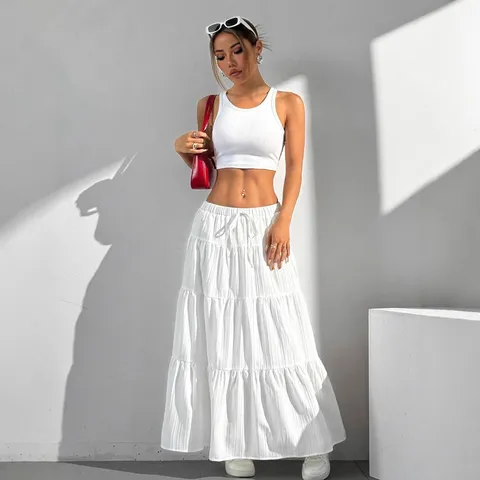 Women Casual Solid Color Tiered Maxi Skirt High Waist Drawstring Long Skirt Casual Streetwear Women Clothing
