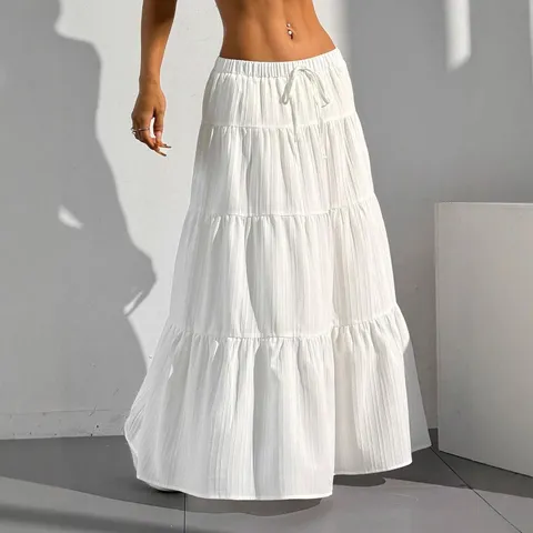 Women Casual Solid Color Tiered Maxi Skirt High Waist Drawstring Long Skirt Casual Streetwear Women Clothing