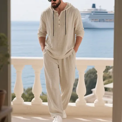 Herren Leinenmischung Casual Anzug Zweiteiliges Set Langarm Mit Kapuze Henley Shirt Und Lange Hose Herbst Mode Outfit