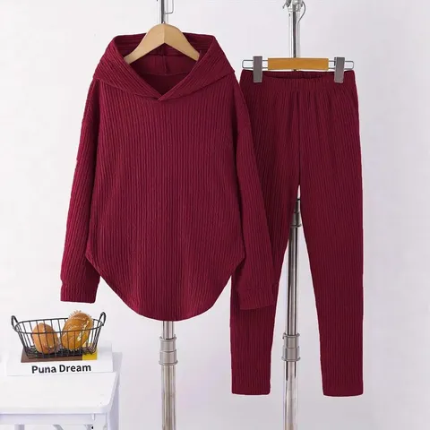 Conjunto de Top y Parte Inferior Loungewear Sudadera con Capucha y Pantalón Largo Liso Casual para Mujer