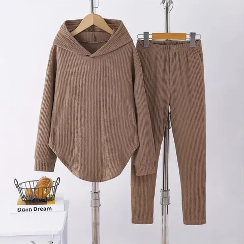 Conjunto de Top y Parte Inferior Loungewear Sudadera con Capucha y Pantalón Largo Liso Casual para Mujer
