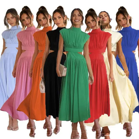 Robe Midi A-Line Élégante pour Femmes Col Stand Sans Manches Découpe Couleur Unie