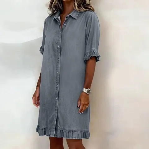 Women's Casual Lapel Short Sleeve Single-Breasted Ruffle Denim Shirt Dress Summer Solid Color Straight Midi Dress