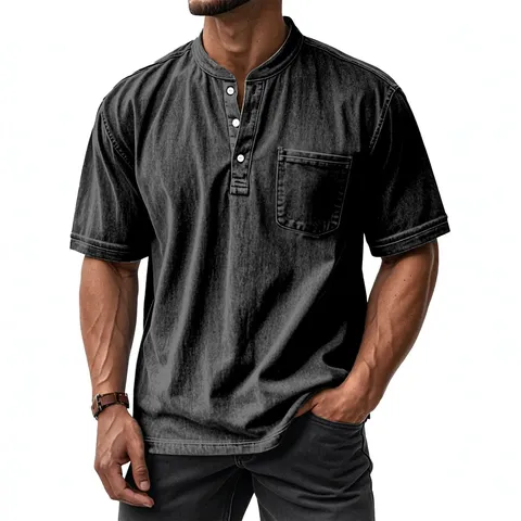 Men's Casual Short Sleeve Button Polo Shirt Solid Color Loose Fit Summer Breathable Top