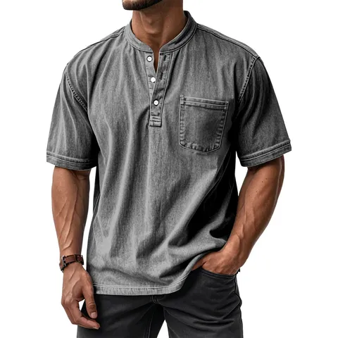 Men's Casual Short Sleeve Button Polo Shirt Solid Color Loose Fit Summer Breathable Top