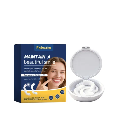 Ensemble de Prothèses Dentaires Cosmétiques en Résine Boîte de Rangement Portable Sourire Instantané Ajustement Confortable Dents Supérieures Inférieures