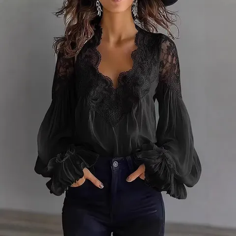 Blusa de Manga Larga con Manga Abullonada para Mujer Corte Regular Plisado Patchwork de Encaje Color Sólido Elegante Top Casual