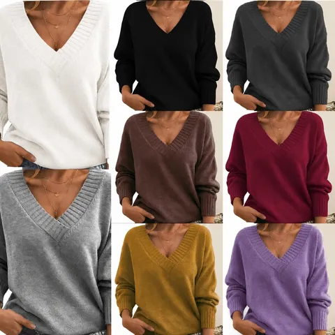 Suéter de Punto Acrílico Holgado Casual con Cuello en V y Manga Larga para Mujer Color Sólido Tops Diarios de Moda Commuting