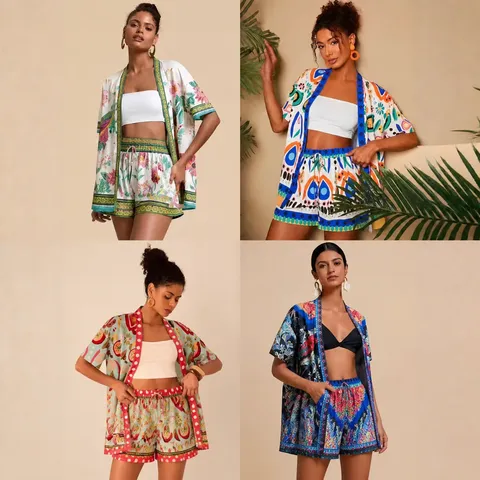 Damen Sommer Casual Tropischer Druck Zweiteiliges Set Kurzarm Cardigan Top Und Passende Shorts Strand Urlaub Outfit