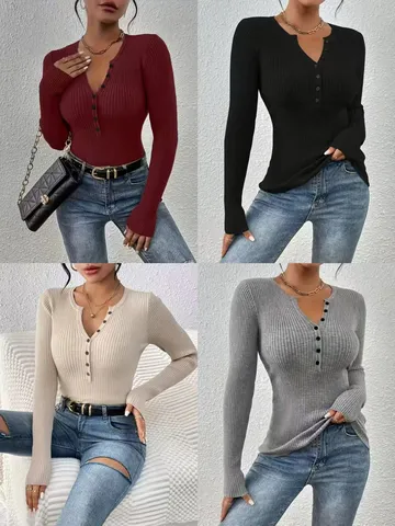Top de Suéter de Punto Slim Fit con Botones y Cuello en V de Manga Larga Color Sólido Casual para Mujer