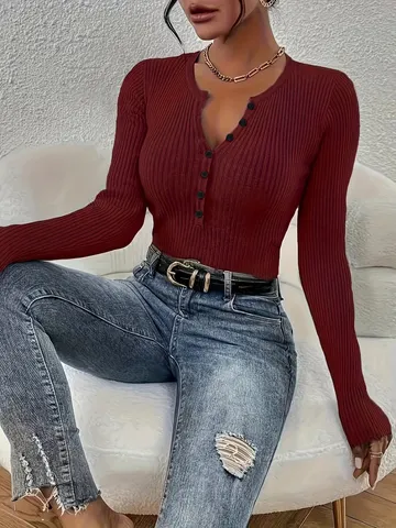 Top de Suéter de Punto Slim Fit con Botones y Cuello en V de Manga Larga Color Sólido Casual para Mujer