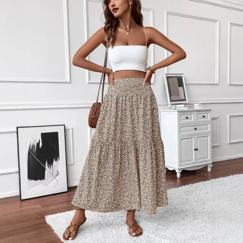 Falda Maxi de Línea A con Estampado Floral Casual para Mujer Cintura Alta Falda Larga con Volantes Verano Estilo Dulce Bolsillos Ropa