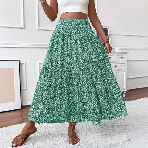 Falda Maxi de Línea A con Estampado Floral Casual para Mujer Cintura Alta Falda Larga con Volantes Verano Estilo Dulce Bolsillos Ropa