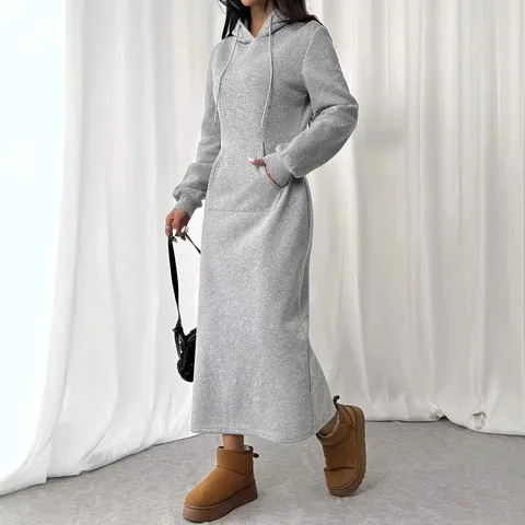 Damen Lässig Langarm Kordelzug Mit Kapuze Sweatshirt Kleid Einffarbig Stricken Maxi Pullover Kleid