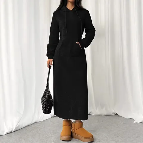 Damen Lässig Langarm Kordelzug Mit Kapuze Sweatshirt Kleid Einffarbig Stricken Maxi Pullover Kleid