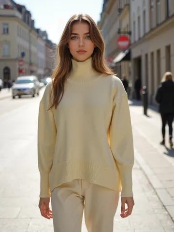 Pull-over Décontracté Ample à Col Montant et Manches Longues pour Femmes en Fil à Âme Couleur Unie Chaud Tricot d'Hiver