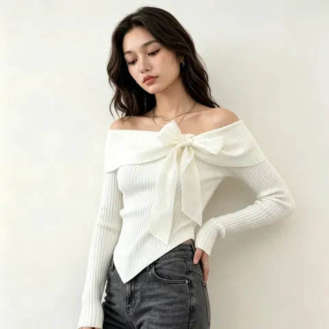 Maglione a Costine Slim con Spalle Scoperte Stile Francese da Donna Manica Lunga Decorazione con Fiocco Elegante Tinta Unita