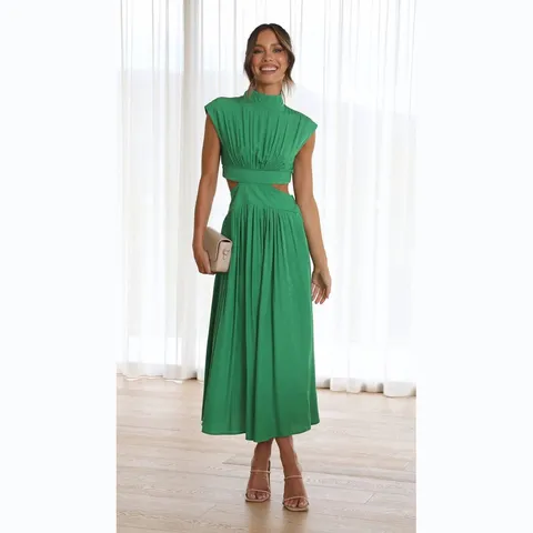 Robe Midi A-Line Élégante pour Femmes Col Stand Sans Manches Découpe Couleur Unie