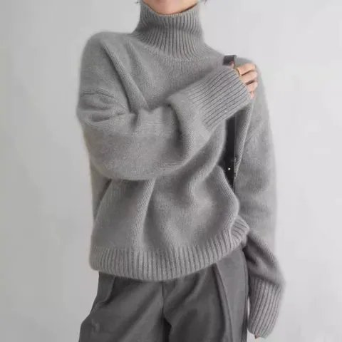 Dames Winter Verdikte Col Luxe Losse Casual Wol Gebreide Trui Lange Mouw Basis Effen Kleur Top