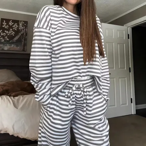 Conjunto Casual de Top de Manga Larga a Rayas y Pantalón de Talle Alto para Mujer Moda Jersey Holgado