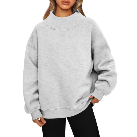 Damen Casual Langarm Stehkragen Pullover Sweatshirt Einfarbig Locker Gefüttert Thermisch Herbst Winter Oberteil