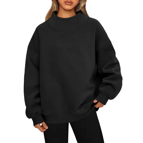 Damen Casual Langarm Stehkragen Pullover Sweatshirt Einfarbig Locker Gefüttert Thermisch Herbst Winter Oberteil