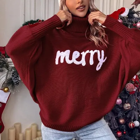 Suéter de Cuello Alto de Navidad para Mujer Invierno Holgado Manga Murciélago Jersey de Punto Merry Love Ropa de Punto