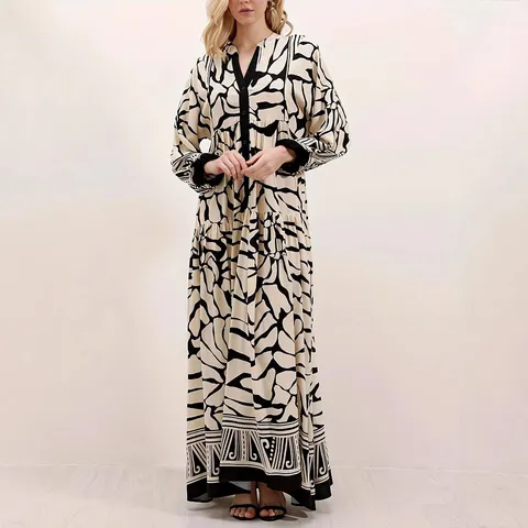 Women's Elegant Long Sleeve V-Neck Abstract Print Maxi Dress Casual Loose Belted Long Robe Dress With Lantern Sleeves