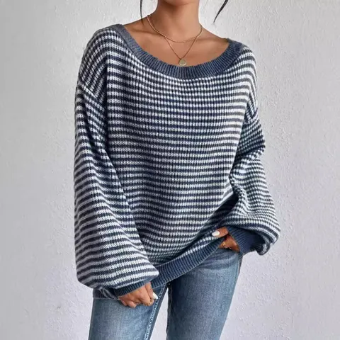 Suéter de Punto Suelto Estilo Casual Cuello Barco Bloque de Color Rayado Manga Farol para Mujer