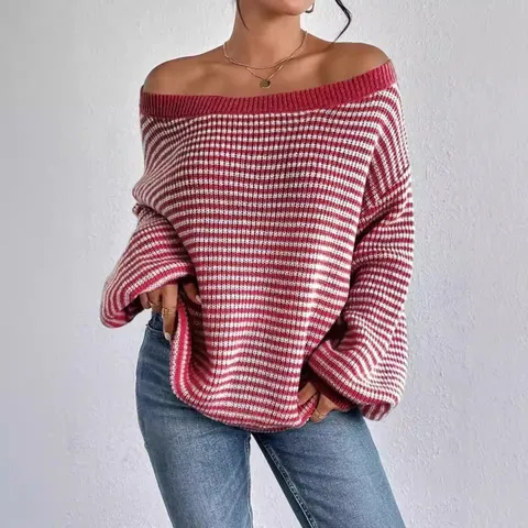 Suéter de Punto Suelto Estilo Casual Cuello Barco Bloque de Color Rayado Manga Farol para Mujer
