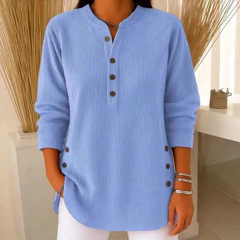 Top Casual de Pana para Mujer Manga Larga Cuello en V Botones Color Sólido Holgado Moda Elegante Ropa de Otoño Diaria