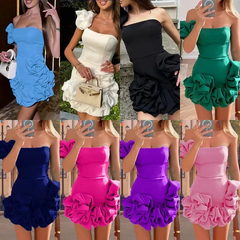 Mujer Verano Sexy Sin Tirantes Hombro Descubierto Volante Lazo Bodycon Vestido de Fiesta