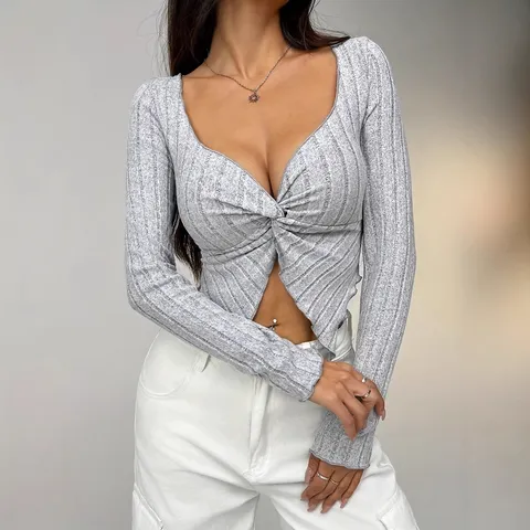 Damen Sexy V-Ausschnitt Vorderer Knoten Langarm Gestricktes Top Schmale Passform Kurzer Pullover Lässige Streetwear Bekleidung