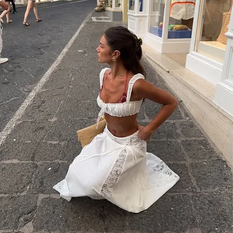 Women's Sexy Solid Color Beach Cover-Up Set Two Piece Drawstring Crop Top And Lace Splicing Long Skirt Holiday Outfit