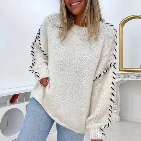 Mujer Casual Mezcla de Pelo de Conejo Jersey Suéter Color Sólido Cuello Redondo Manga Larga Cordón Top de Punto Suelto
